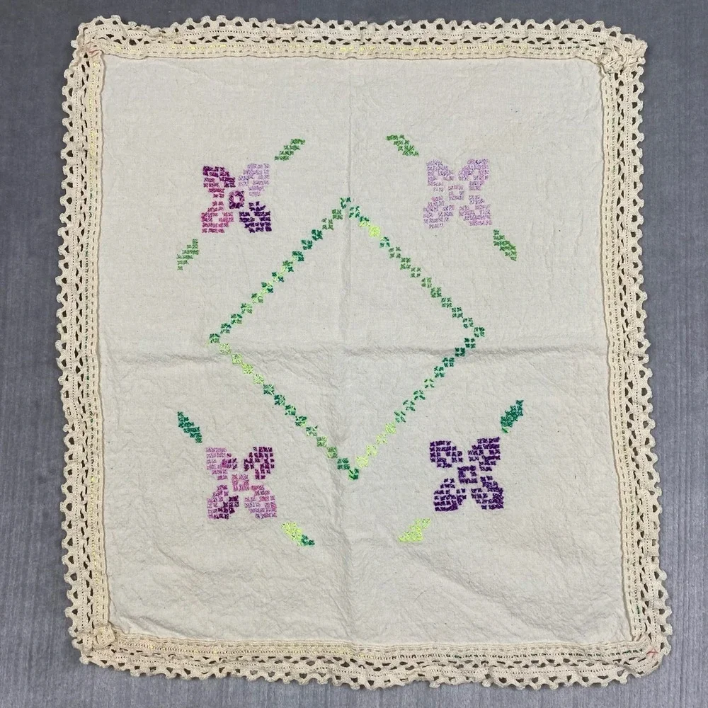 Vtg Cross Stitch Table Napkin Shabby Chic Floral Embroidery Lace Border Cottage